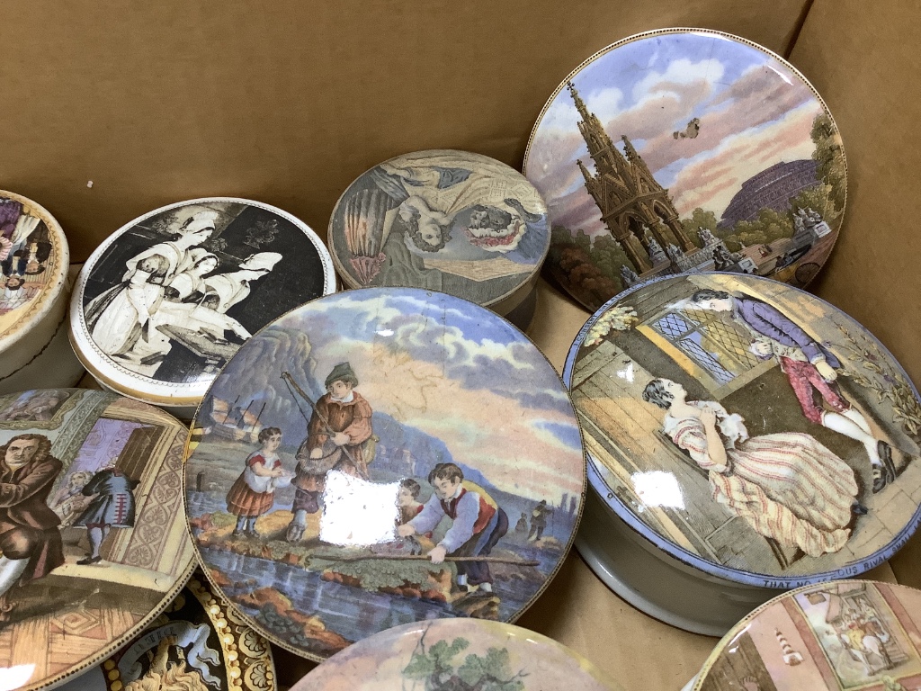 A collection of Prattware pot lids and bases (approx 19)